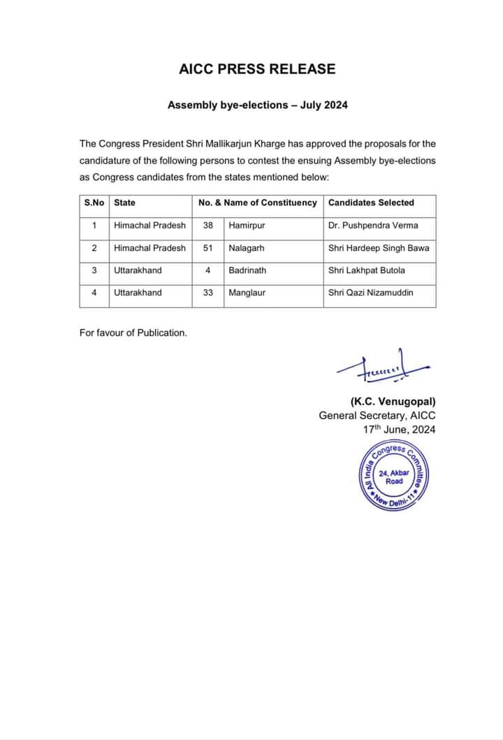 उत्तराखंड की दो विधानसभा सीटों पर उपचुनाव को लेकर कांग्रेस ने की प्रत्याशियों के नाम की घोषणा